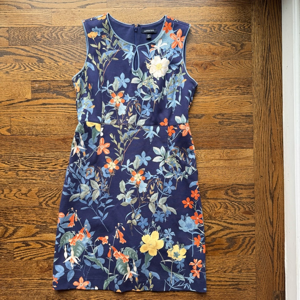 Lands’ End Cotton Blue Tropical Floral Sleeveless Sheath Dress 4P